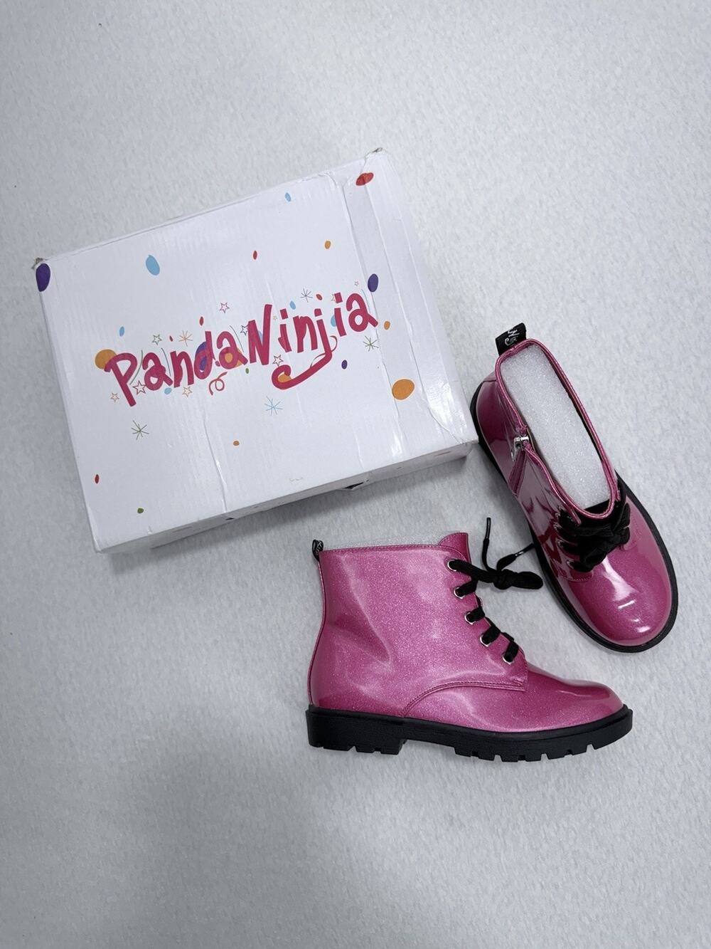 PANDANINJIA Girl’s Rose Patent Lace Up Side Zipper Booties for Toddler Size 4